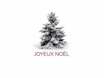 Cartes de Noël entreprises : carte de voeux minimaliste avec arbre de Noël enneigé et texte: JOYEUX NOËL