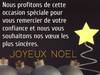 Cartes de Noël personnalisées: Nous profitons de cette occasion spéciale pour vous remercier de votre confiance et nous vous souhaitons nos vœux les plus sincères.