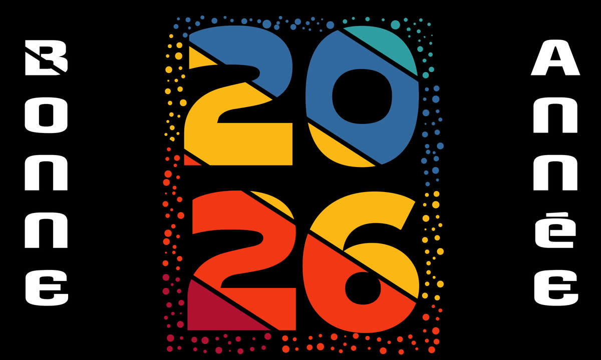 Carte bonne année 2026 — design élégant, chiffre 2026 coloré sur fond noir