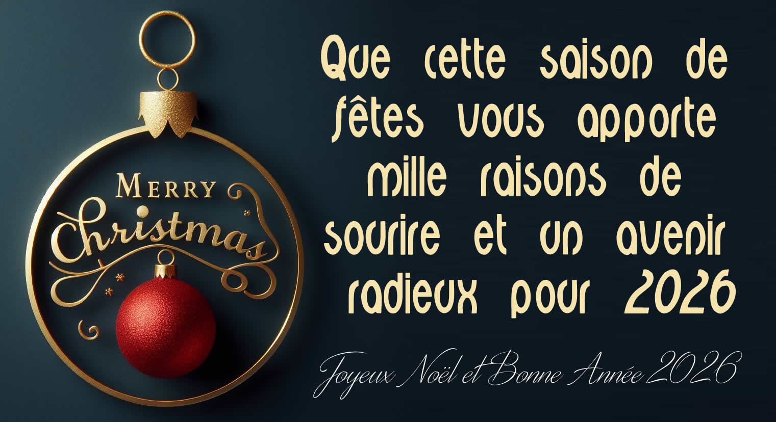 Image de voeux de joyeux Noël  et Bonne Année 2026 élégante avec des décorations de Noël et texte en anglais Merry Christmas
