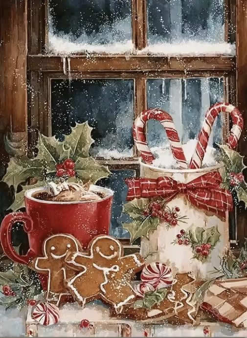 Tasse fumante près d'une fenêtre enneigée, candy cane et biscuits de Noël.